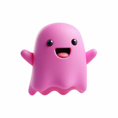 3D cute cartoon pink ghost with smiling face, kawaii Halloween character icon, isolated on transparent background.