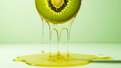 Kiwi fruit juice pouring down on green surface  healthy eating concept