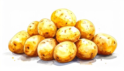 Pile of unpeeled potatoes in pyramid formation on white background