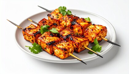 Grilled paneer skewers with charred edges and cilantro garnish on white plate