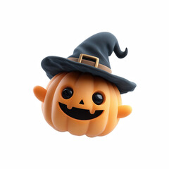 3D cute cartoon pumpkin jack-o-lantern wearing witch hat, smiling Halloween character icon, isolated on transparent background.