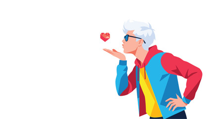 Obraz premium Stylish young man with white hair blowing a heart shaped kiss to express love and affection in a modern flat vector style.
