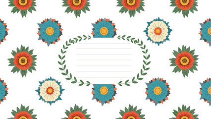 Vintage-style floral pattern with a central oval frame outlined by green leaves, providing space for text on a white background.