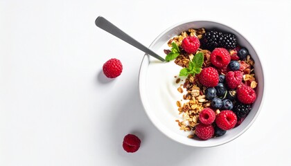 Yogurt bowl with granola, berries, and mint on white surface with spoon and raspberries