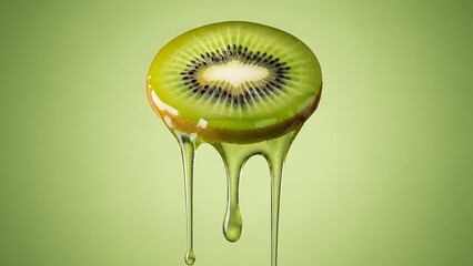 Kiwi fruit slice with honey dripping down on green background