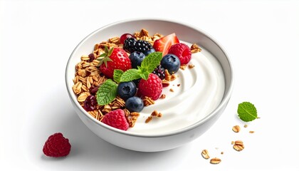 Yogurt bowl with granola, berries, and mint on white surface with spoon and raspberries