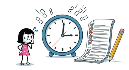 Stressed stick figure girl looking at a large ticking alarm clock next to a long checklist and pencil for time management.