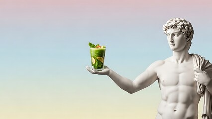 Marble statue of David holding green cocktail drink with mint and lime slices