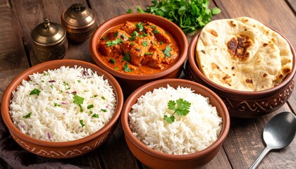 Traditional Indian meal with butter chicken, naan, rice, salad, and cilantro in clay bowls on wood