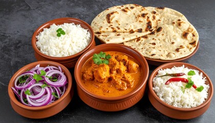 Traditional Indian meal with butter chicken, naan, rice, salad, and cilantro in clay bowls on wood