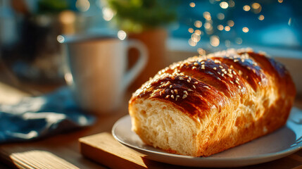 Freshly baked golden bread loaf topped with sesame seeds on a plate, warm morning light and cozy breakfast atmosphere