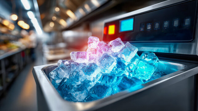 Commercial ice machine filled with glowing ice cubes in professional kitchen environment, concept of food service and refrigeration