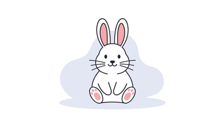 Simple and cute white rabbit sitting on a light purple background with pink ears and paws in a flat vector illustration.