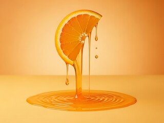 Citrus juice dripping from a slice on a warm orange surface