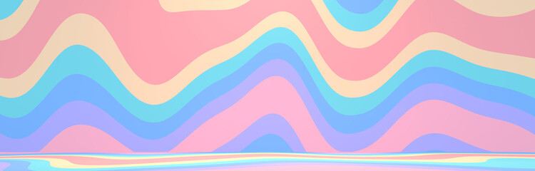 3D render abstract wavy rainbow wall and empty floor.