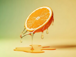 Citrus slice with juice dripping down on floor testy yammy matching the fruit color vibe