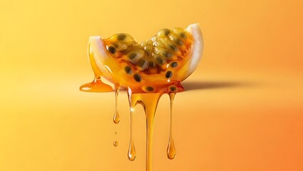 Passion fruit cut in half with honey drizzling over it on yellow surface