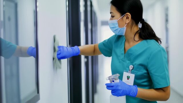A person wearing a face mask, gloves, and scrubs cleans a wall with spray and cloth