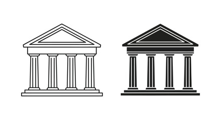 Classical architectural structures with triangular pediments and columns depicted in a distinct silhouette