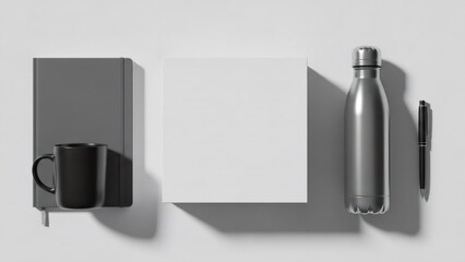 A still life arrangement of office supplies on a plain white surface