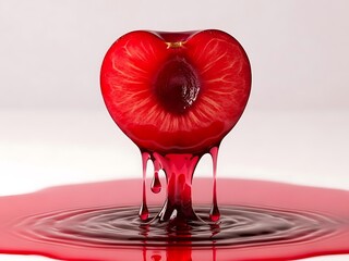 Red juice dripping from a fruit into a puddle on a white surface