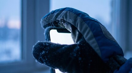 Frozen gloved hand holding smartphone near window during cold winter evening