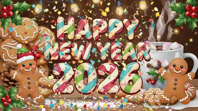 Animated happy new year 2026 greeting card design template perfect for youtube channels and social media banners with gingerbread cookies holly and festive lights celebration