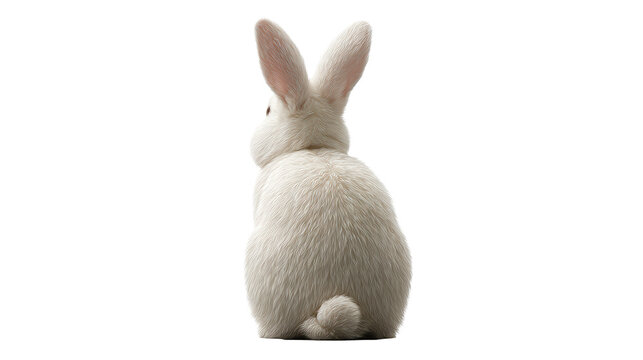 Fluffy white bunny seen from behind with long ears and a small tail, perfect for Easter and spring themed celebrations and products.