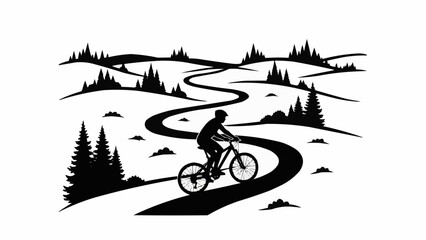 Silhouette of a person riding a bicycle on a winding road through a forest landscape. © Tama