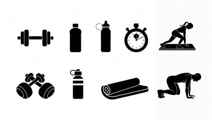 Fitness Workout Gym Equipment and Exercise Silhouettes Vector Icon Set Collection