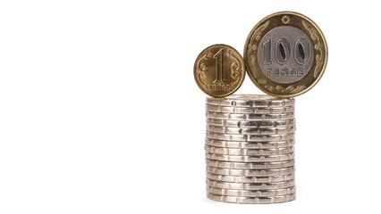 Coins of 1 and 100 Kazakhstani tenge 