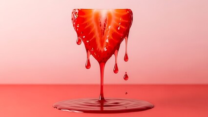 Strawberry juice pouring down from a sliced strawberry on a pink surface