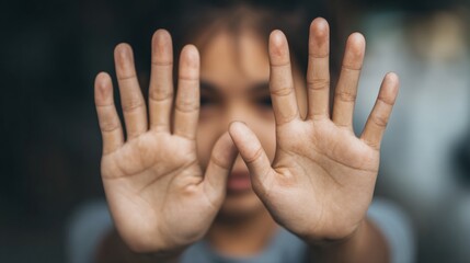 Raised hands covering the face in soft focus, conveying emotional distress and vulnerability in a warm, gentle light, symbolizing domestic abuse