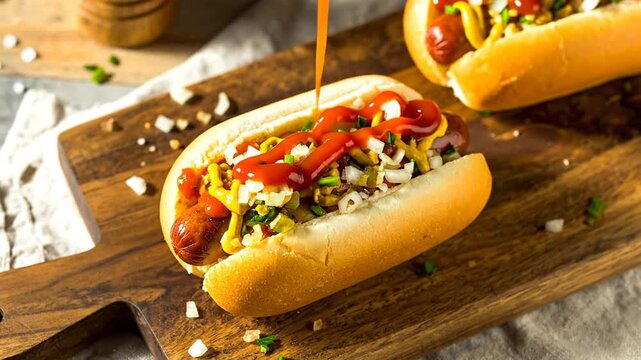 A close-up shot of a hot dog is being drizzled with ketchup on a wooden surface