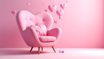 A pastel pink, heart-shaped armchair with a heart pillow. Floating heart shapes float in air. Two hearts are on the floor. Background is a solid pink wall