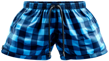 Blue plaid swim shorts with elastic waistband and drawstring for men, ideal for summer beachwear and active lifestyles.