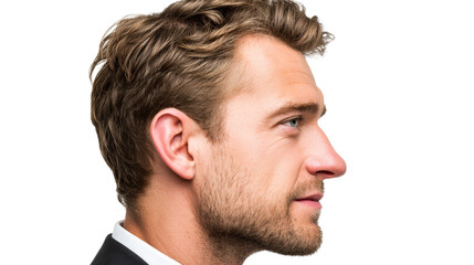 Profile closeup of a confident man with stylish wavy hair and stubble, ideal for business marketing and corporate themes