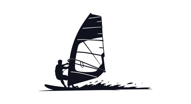 A striking depiction of a windsurfer gracefully riding the waves captured in a bold silhouette