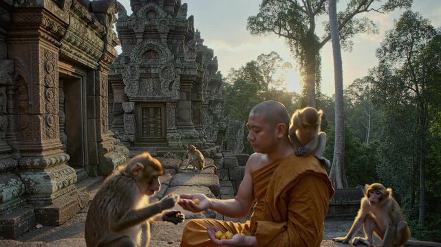 Asian man monk feeding monkeys at a historic temple with sunset light. Sharing food with wild animals in a sacred place.