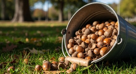 A metal bucket full of acorns spilled on the green grass in a park. Autumn harvest and collecting oak tree seeds for planting with copy space