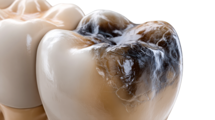 Closeup of a decayed human molar tooth with dark cavities and enamel damage, symbolizing poor dental hygiene and oral health issues, suitable for medical or educational use.