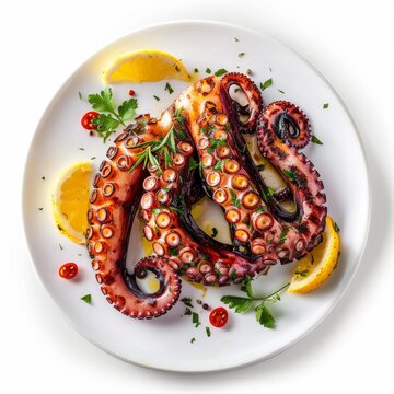Grilled octopus tentacles seasoned with spices and decorated with lemon and rosemary on a white plate