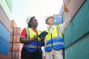 Container shipping coordination port facility business meeting industrial environment ground level logistics management