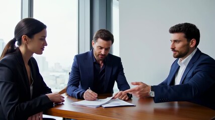 Three people, dressed in suits, sit around a table in a high-rise office, focused on documents