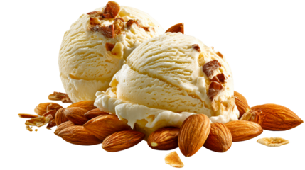 Creamy scoops of almond ice cream are elegantly presented with whole and chopped almonds, perfect for refreshing summer dessert advertisements and food blogs.