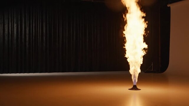 A controlled flame erupts from a dark, patterned base on a reflective floor