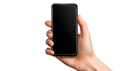 Hand holding a black smartphone with a blank screen, perfect for showcasing mobile app interfaces, website previews, or advertising new technology products and services