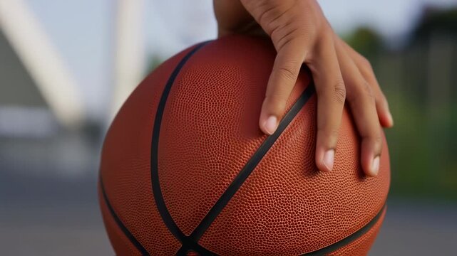 A hand rests on a basketball; close-up shows the texture of the ball