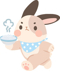 Illustration of Rabbit Holding Bowl of Rice