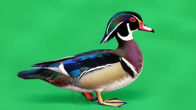 Beautiful Wood Duck Walking Side View on Green Screen Chroma Key